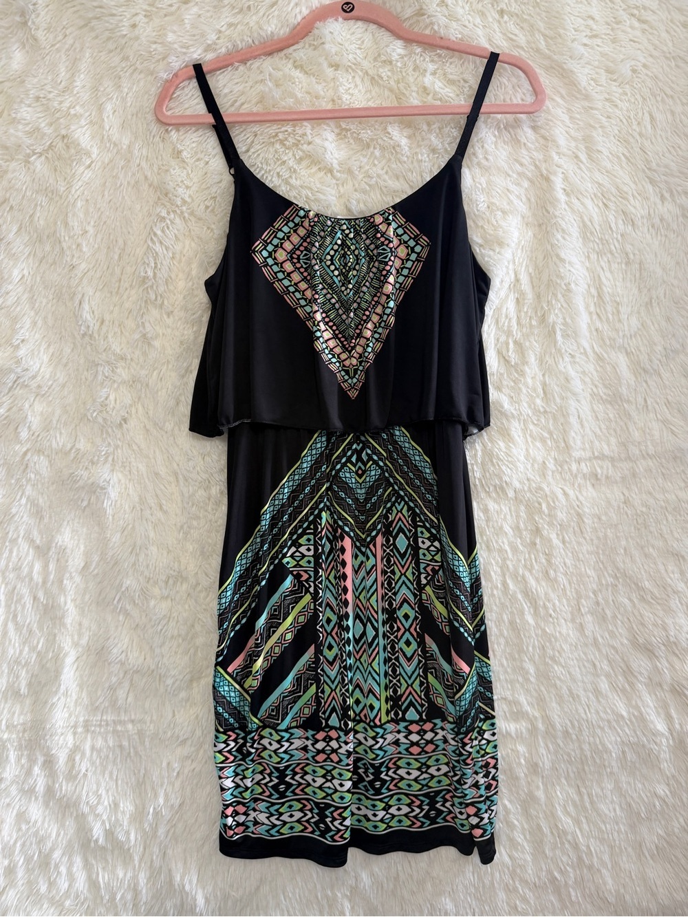 VENUS Womens Boho Mini Dress Size M Black Aztec Print Party Adjustable Straps